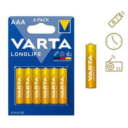 Baterie alkaliczne Longlife AAA LR03 MN2400 4103 E92 1,5V 6szt VARTA